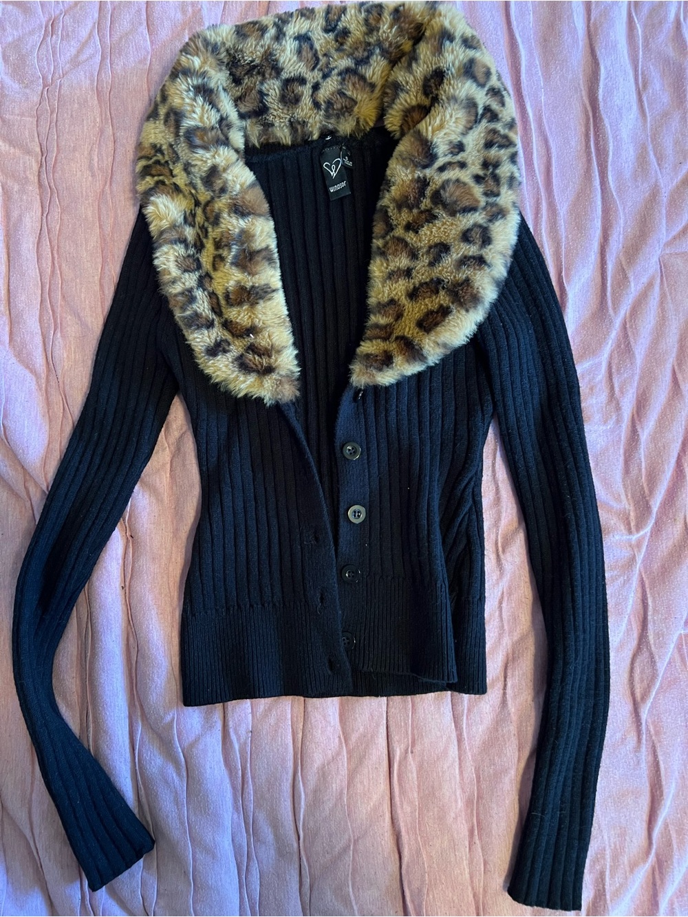 Windsor Black Ribbed Cardigan with Leopard Faux-Fur Collar